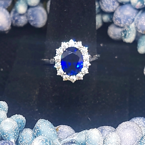 Lab-Created Sapphire/CZ Halo Ring - Picture 2 of 7
